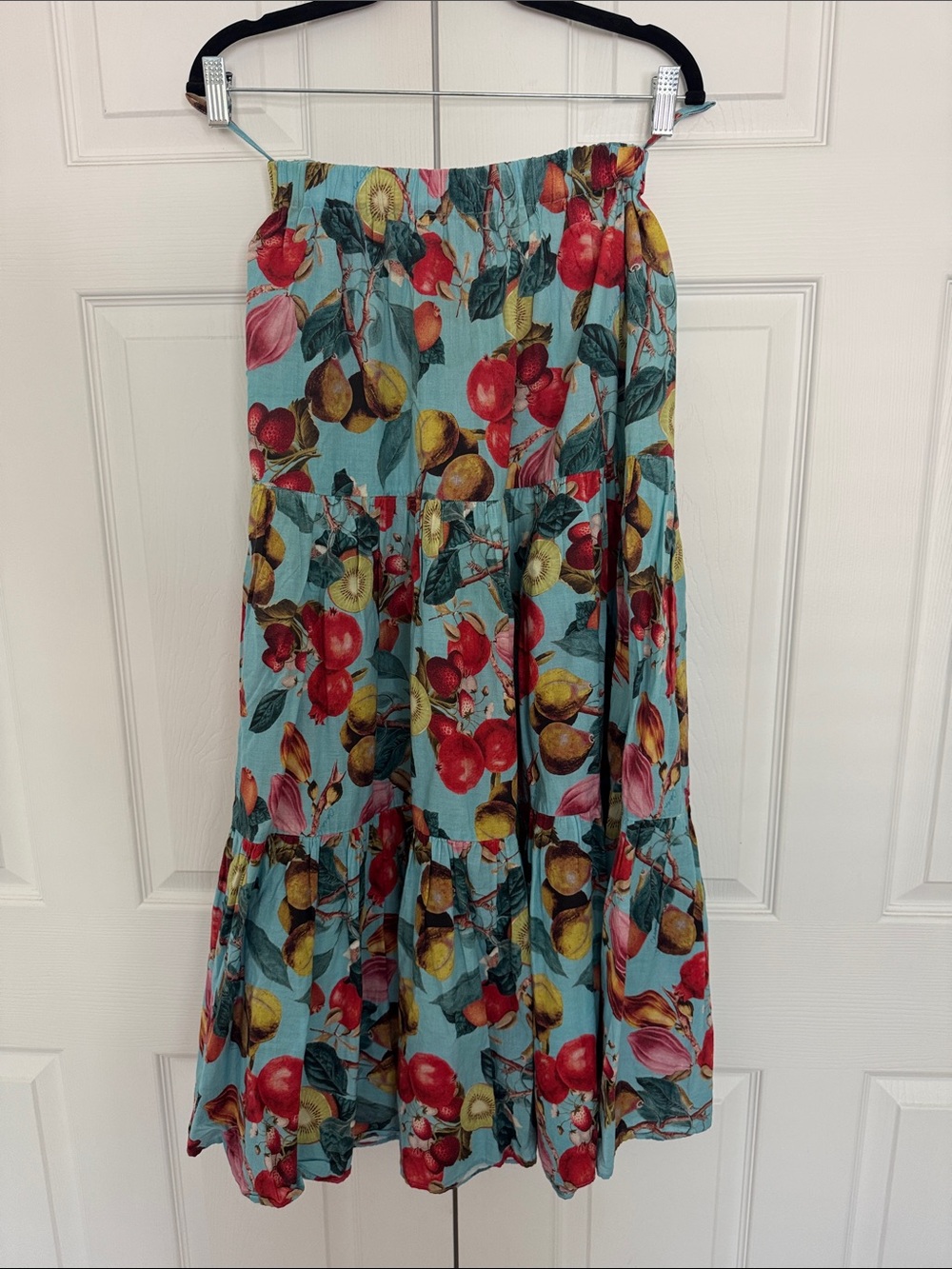 Cara Cara Aqua Tiered Maxi Skirt with Fruit Print